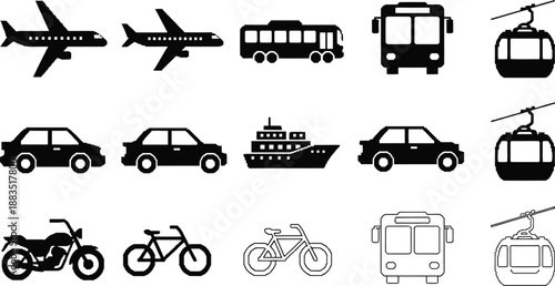 various transportation icons including planes buses cars boats and bicycles