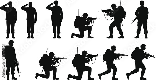 silhouette of soldiers in various poses and uniform depicting military action