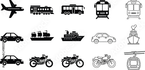 a set of various transportation icons in black silhouette against a white background