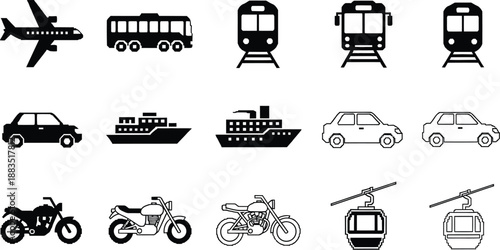 various transportation icons airplane car bus train ship motorcycle and gondola