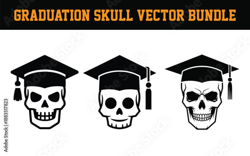 Graduation skulls wearing caps with tassels in various expressions on white background  vector illustrations