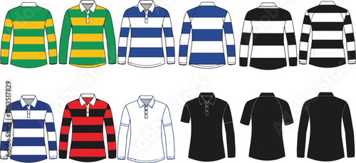 a collection of various rugby shirts in different colors and stripe patterns