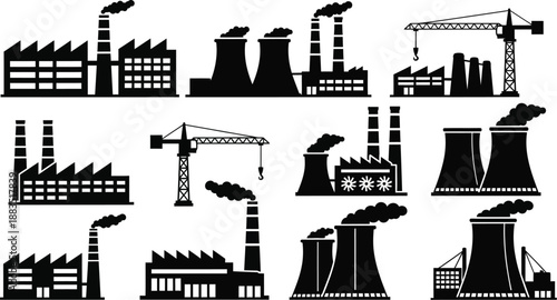 industrial landscape illustration with factories smokestacks and construction cranes