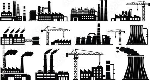 a black and white illustration depicting a variety of industrial factory structures and equipment