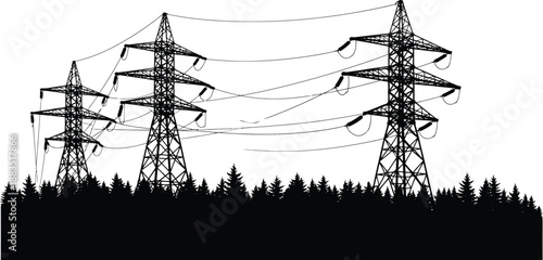 a silhouette of power lines and towers against a backdrop of dark forest trees