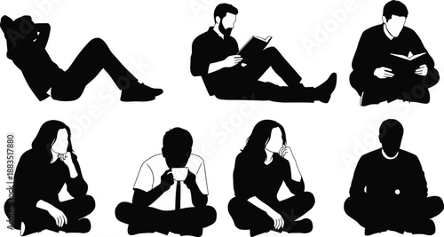 silhouettes of people in various seated and relaxed reading positions