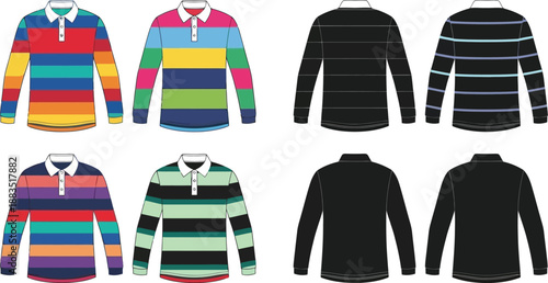 a set of colorful rugby shirts displayed on hangers showcasing various stripe patterns