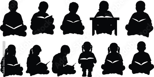 silhouette figures of children sitting and reading books in a classroom setting