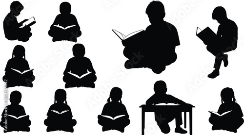 a collection of silhouette figures depicting people reading books in various poses