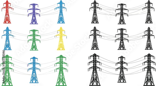 a collection of power lines and electricity pylons in various vibrant colors