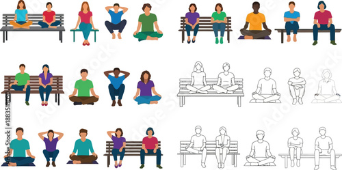 various people sitting meditating and stretching on a park bench illustration