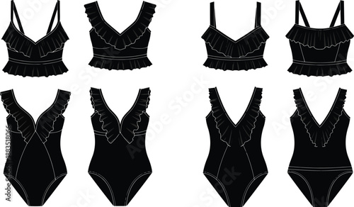 a set of black lingerie and swimwear designs featuring various bra and bodysuit styles