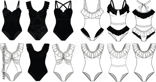 various black and white swimsuit designs showcasing different strap and neckline styles