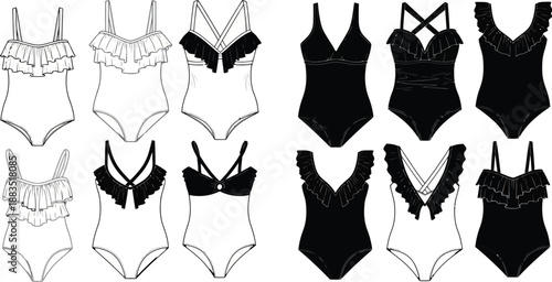 various stylish black and white swimsuit designs showcased in a fashion illustration