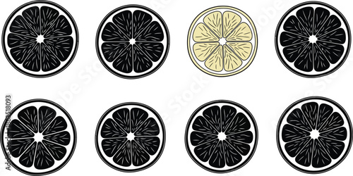 a collection of sliced citrus fruits in black and white and a yellow center view