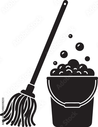 A black and white mop with a bucket of soapy water and bubbles on a transparent background also transparent background 1
