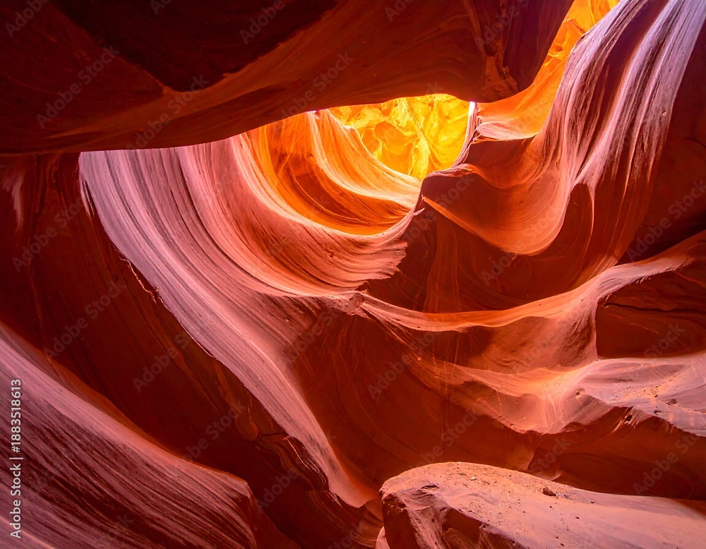 Obraz premium View of a canyon's smooth, flowing sandstone walls with an opening revealing bright, golden sunlight. Deep red and orange hues