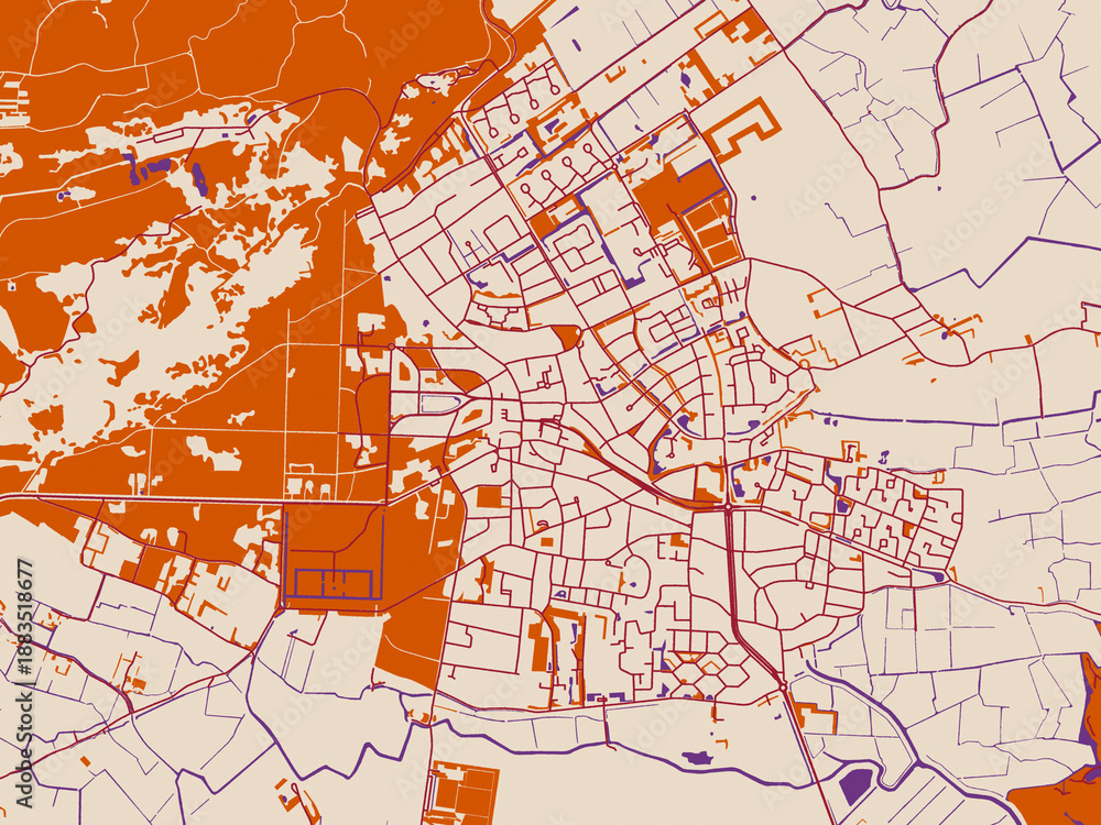 Obraz premium Street network map of Bergen, Netherlands, featuring warm ivory base with deep wine street grid, clay-orange areas and dusky purple waterways