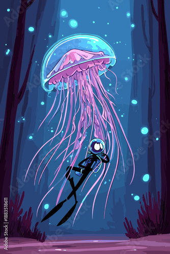 Deep Sea Discovery with Bioluminescent Jellyfish Vector Illustration