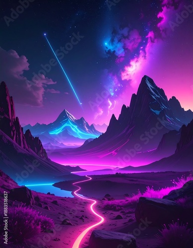 Wallpaper Mural Neon Dreams - A Vibrant Landscape of Mountains and Shooting Stars. Torontodigital.ca