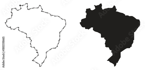 Brazil Map Silhouette and Dotted Outline Border Isolated on White Background.