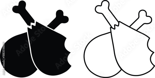 Set of grilled chicken icons, collection of roasted poultry and meat symbols, group of flat line vector illustrations, add drumstick, roast, barbecue, food menu design, black icon