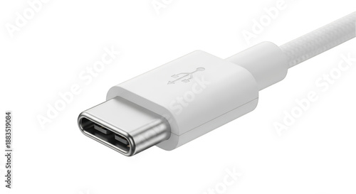 Close up of a white usb type c cable connector for charging and data transfer isolated on transparent background