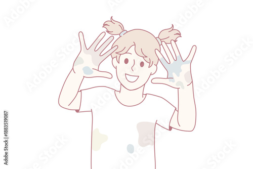 Drawing painting and children fun concept. Smiling girl kid standing showing hands with colorful dots after painting feeling cheerful vector illustration
