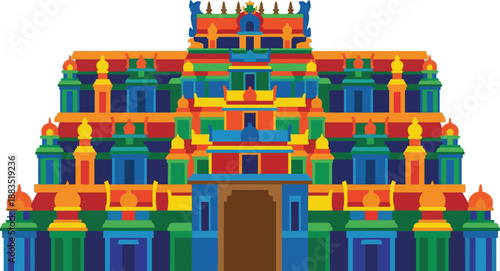 Colorful south indian hindu temple gopuram tower with statues entrance gate traditional dravidian architecture landmark of tamil nadu culture religion spirituality asia.