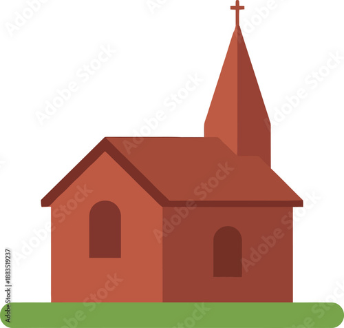 Red christian church building with cross on steeple and arched windows standing on green grass religious place of worship architecture icon for holy spiritual faith.