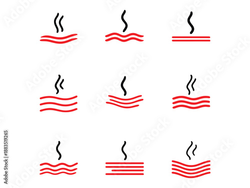 Collection of hot steam and heat wave icons for warning or temperature indication