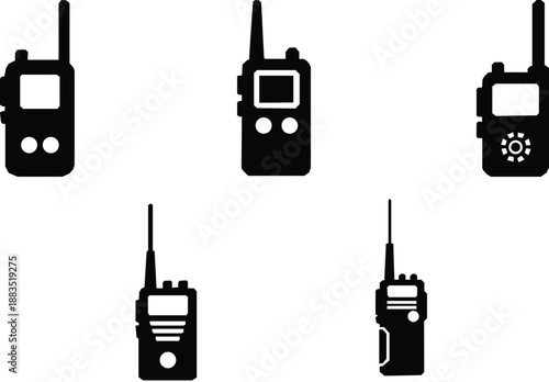 Black walkie-talkie icon set, communication device silhouette, two-way radio, wireless transmitter,  Walkie-talkie icon variations in different styles.