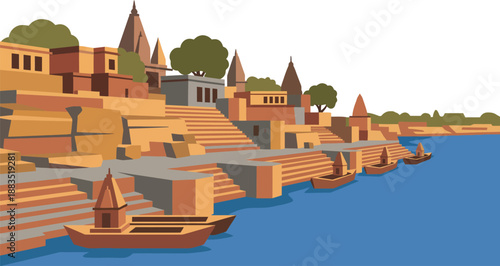 Ancient holy indian city varanasi ghats architecture with temples and stairs near ganga river boats on water religious heritage culture of hinduism landmark asia.