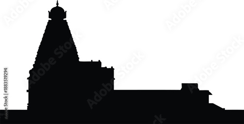 Black silhouette of ancient indian hindu temple with high shikhara tower and mandapa hall religious building of worship for spiritual culture and heritage of asia.