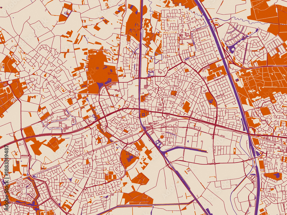 Fototapeta premium Urban map poster of Helmond, Netherlands with warm neutral background with burgundy linework streets, terracotta blocks and violet water contrast