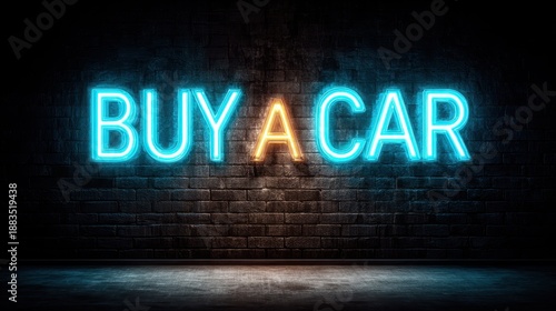 Wallpaper Mural Bright neon blue buy a car sign glowing against a dark wall inviting customers in the evening hours Torontodigital.ca