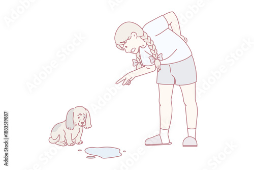 Training and dogs commands concept. Angry small girl standing and swearing little puppy with pee on floor feeling upset and guilty vector illustration