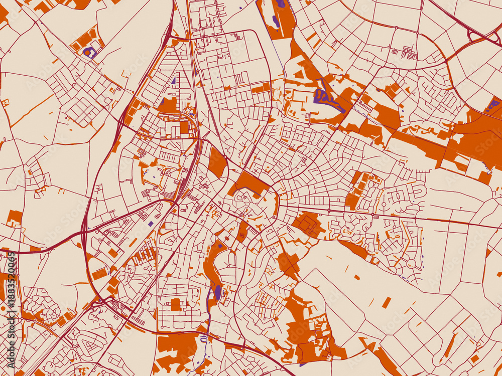 Obraz premium City map of Sittard, Netherlands — cream-toned map field with burgundy roads, terracotta highlights and muted violet water shapes