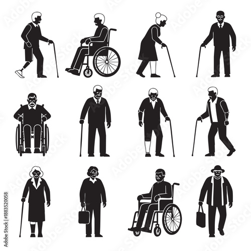 Set of diverse accessibility icons showing people with mobility aids