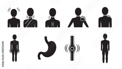 Set of human body pain and injury location icons in flat design
