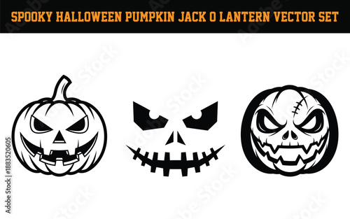 Spooky Halloween pumpkin jack o lantern vector set with scary faces  black and white illustrations