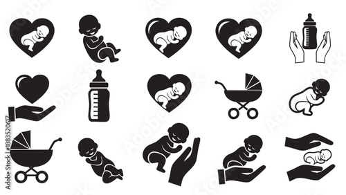 Set of pregnancy and baby care icons isolated on transparent background