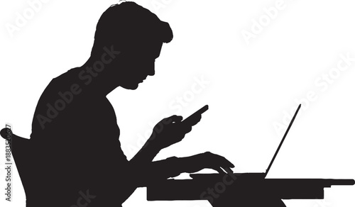 Silhouette of man using laptop and phone vector illustration