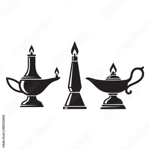 Set of three traditional oil lamps isolated on transparent background