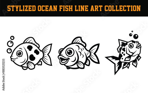 Stylized ocean fish line art collection with three cartoon fish and bubbles on white background  no brand