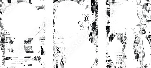 Glitch distorted geometric shape . Noise destroyed logo . Trendy cyber punk poster . Glitched frame .Grunge textured . Distressed effect .Vector shapes with a halftone dots screen print texture.