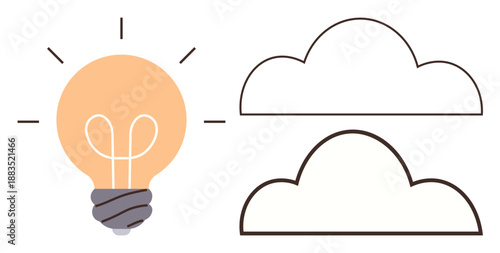 Creativity, innovation, cloud storage, ideas, modern technology, energy. A glowing light bulb beside two outlined cloud shapes. Creativity and innovation concepts illustrated visually