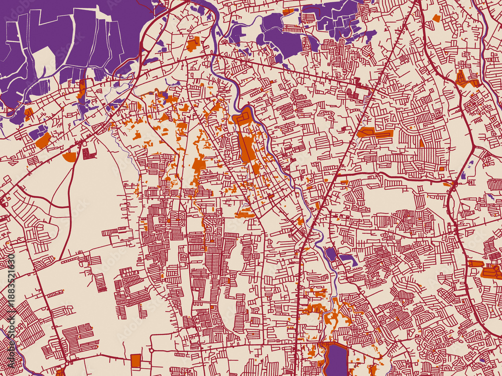 Naklejka premium Urban map poster of Imus, Philippines with warm neutral background with burgundy linework streets, terracotta blocks and violet water contrast