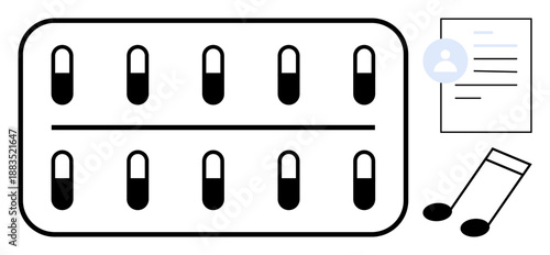 Medicine usage, health management, healthcare documentation, multimedia therapy, wellness solutions, holistic care. Blister pack, document with profile icon and music notes. Medicine usage