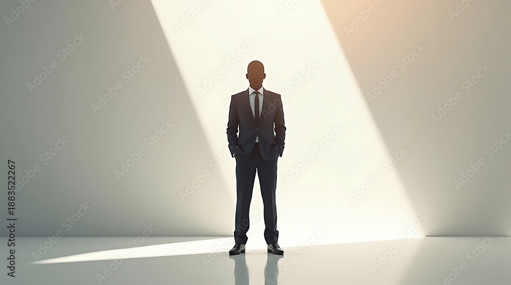 Fototapeta premium Minimalist Business Leader Silhouette Standing in Dramatic Light Modern Interior